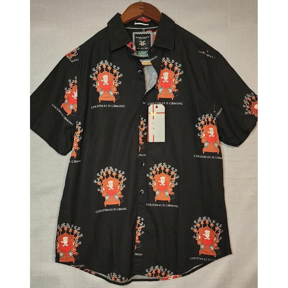 Denim & Flower Ricky Singh Men's L Black Christmas Button Up Shirt Large NWT